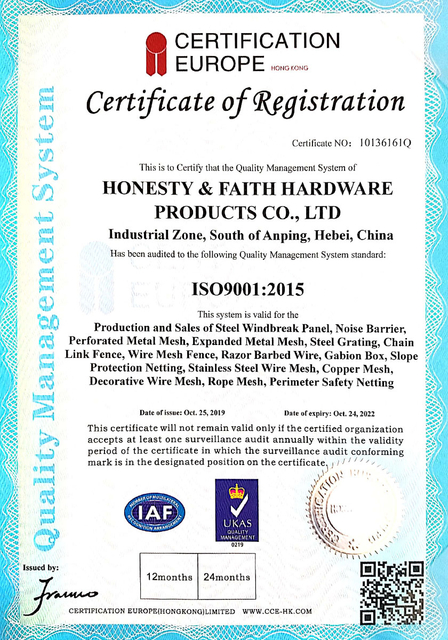 Honesty & Faith Hardware Products Co., Ltd ISO 9001: 2015 Quality Management System Certificate