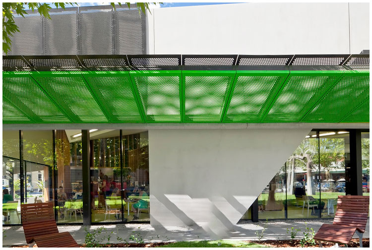 Architectural perforated metal is used as building sunshades