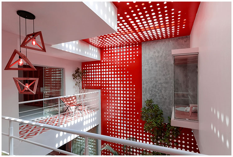 Architectural perforated metal is used for interior wall partition and ceiling decoration