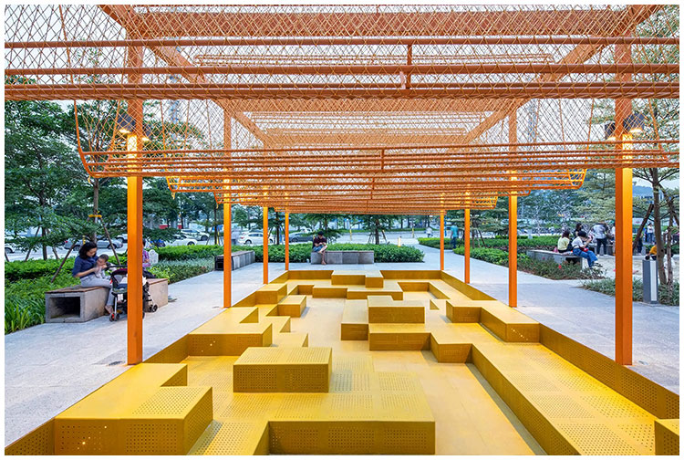 Architectural perforated metal is used for park landscape maze game