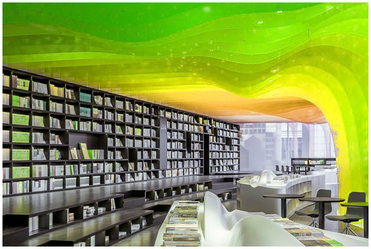 Architectural perforated metal is used for library partition decoration
